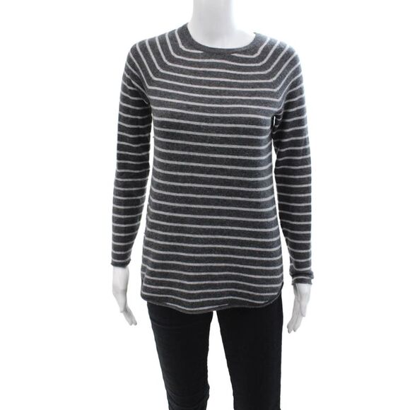 Ply Cashmere Sweaters - Ply Cashmere Womens Long Sleeve Striped Cashmere Sweater Gray Size Extra Small